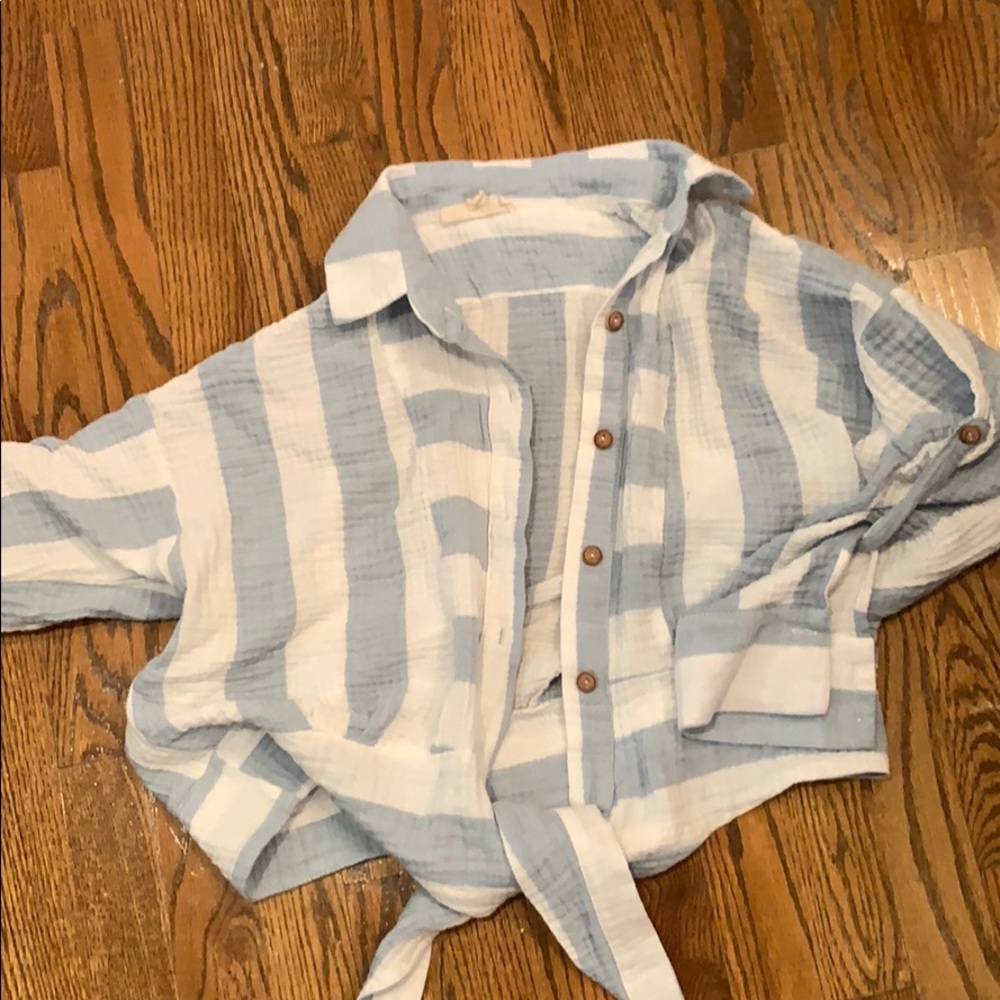 Soft Baby blue and white tie up blouse